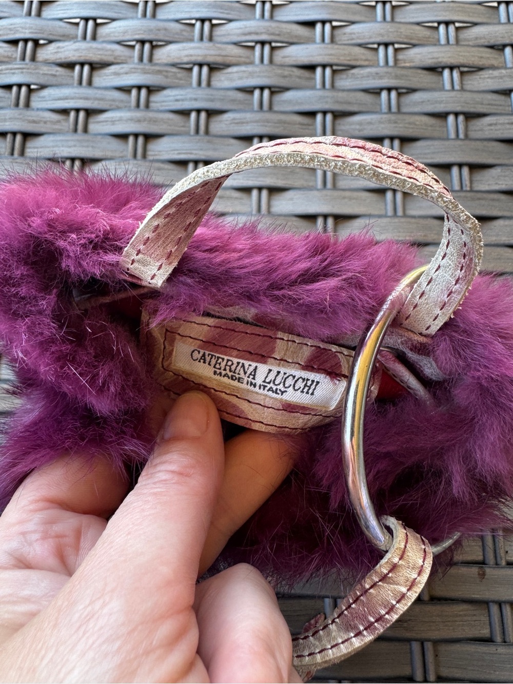 Caterina Lucchi Fur Mini Handbag Made In Italy Burgundy Ring Handle Y2K - Picture 10 of 15